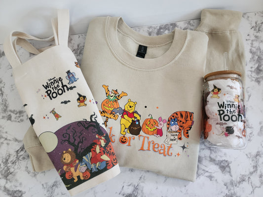 Trick or Treat Tote, Tumbler & Crewneck| Pooh & Friends Trick or Treat Sweater | Halloween Crewneck | Halloween Party Sweater