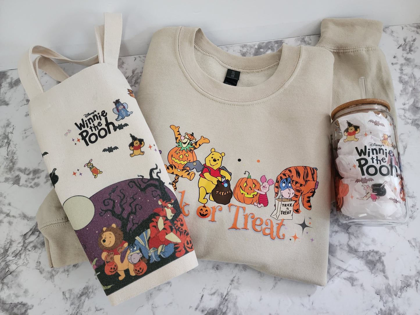 Trick or Treat Tote, Tumbler & Crewneck| Pooh & Friends Trick or Treat Sweater | Halloween Crewneck | Halloween Party Sweater