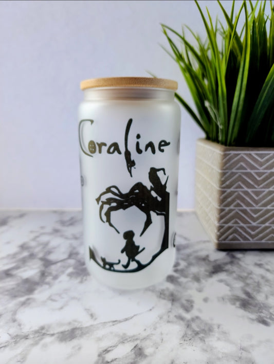 Coraline Glass Tumbler  Halloween 16Oz Cold Drinking Glass Cute Tumbler Cup Glass Cup with Glass Straw Reusable Glass Straw | Sublimation